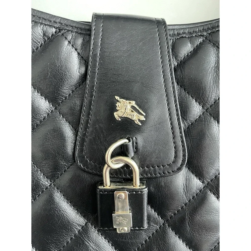 Y2K Burberry Brooke Padlock Black Quilted Leather Hobo Handbag Purse Equestrian